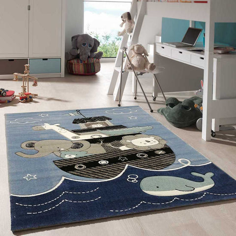 Tapis Bleu pour chambre enfant motif animaux ETELDA