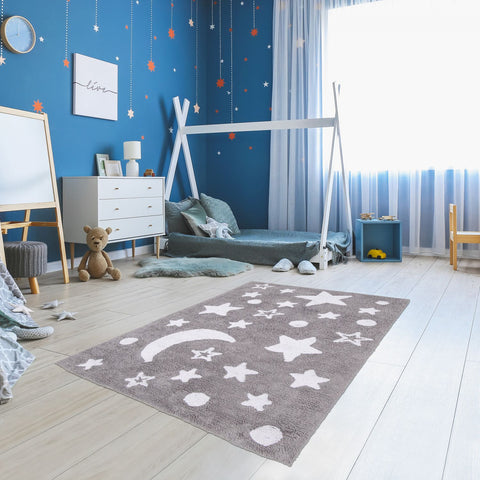 Tapis Enfant gris motif étoiles en coton bio NIGHT