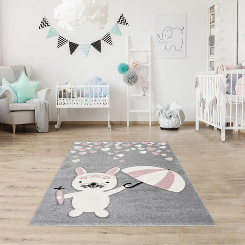 Tapis de chambre enfant rose gris motif LAPIN
