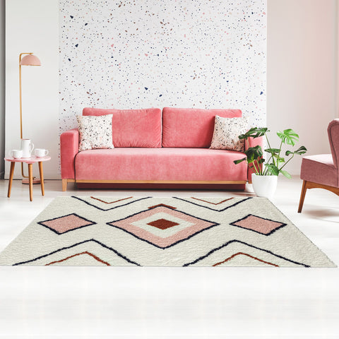 Tapis de salon shaggy style berbère rose certifié OKEO TEX