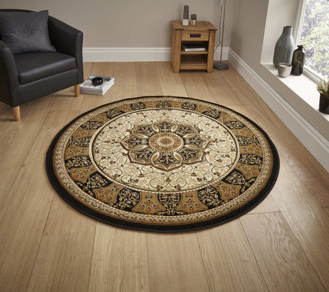 Tapis Rond Noir Oriental lavable en machine HERITAGE