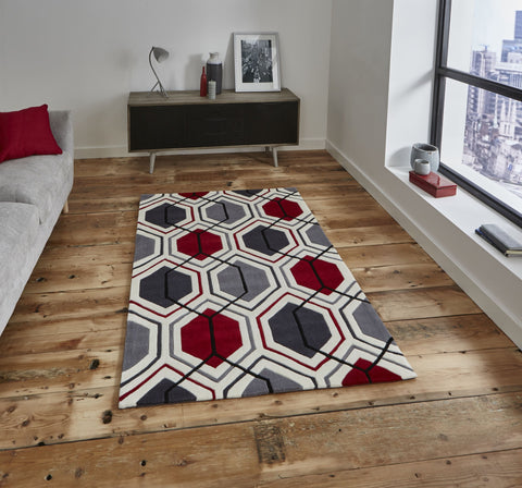 Tapis Gris et Rouge formes hexagonales HONG KONG 7526