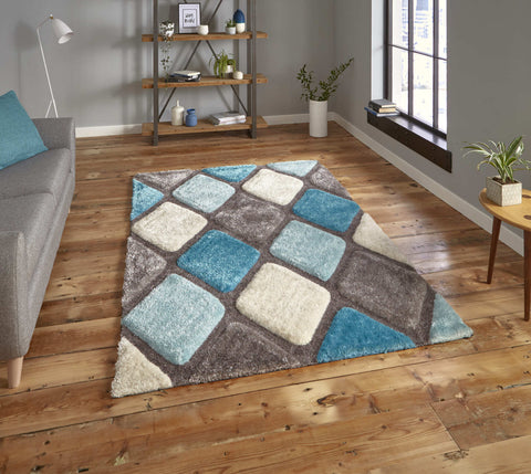 Tapis bleu shaggy motifs en losange NOBLE HOUSE 9247