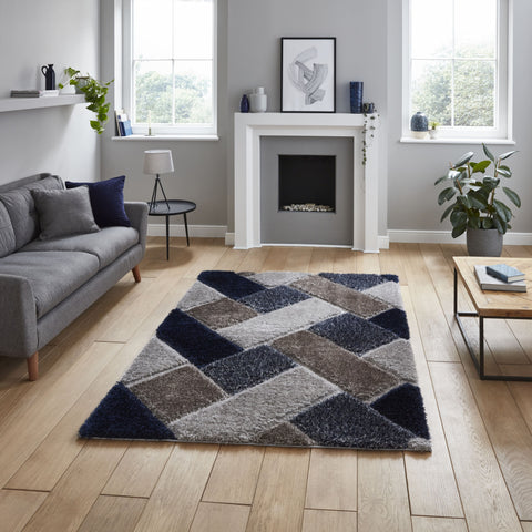 Tapis Shaggy style graphique gris et bleu foncé OLYMPIA