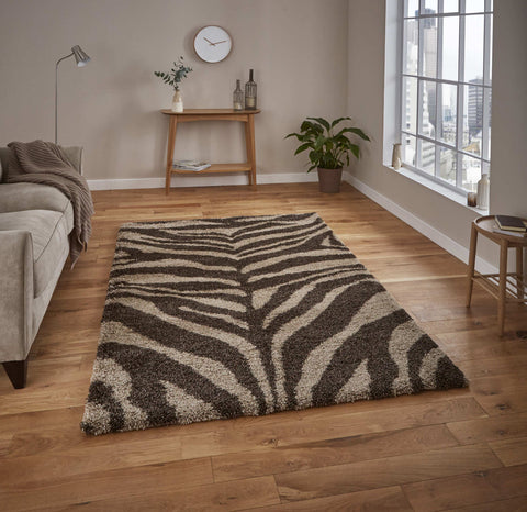 Tapis de salon Marron motif zèbre shaggy PORTOFINO