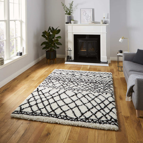 Tapis Shaggy Noir et Blanc motif Berbère SCANDI BERBER