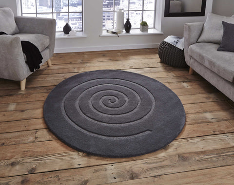 Tapis Rond Gris uni en laine tufté main SPIRAL