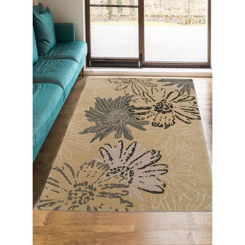 Tapis de Salon Floral Beige en Laine de Nouvelle-Zélande ASTERS