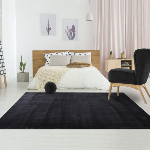 Tapis Shaggy noir uni en polyester LOFTUNI