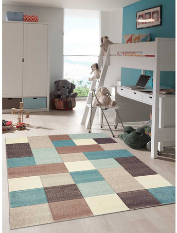 Tapis de Chambre Enfant Bleu à carreaux KIDS