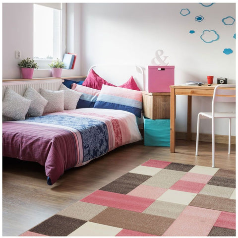 Tapis de Chambre Enfant Rose à carreaux KIDS