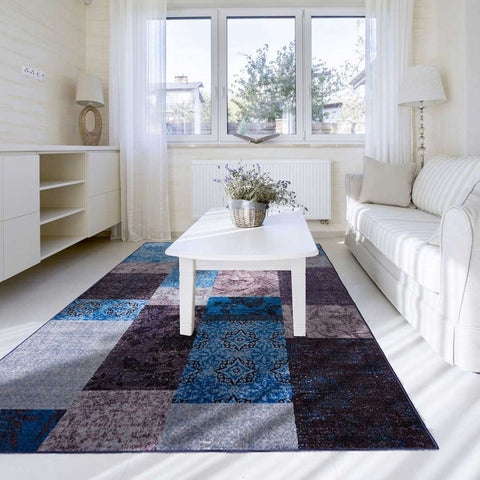 Tapis de Salon Bleu Graphique ISPARTA PATCHWORK