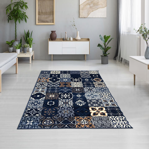Tapis de Salon Bleu foncé Rétro-Vintage FAIAN