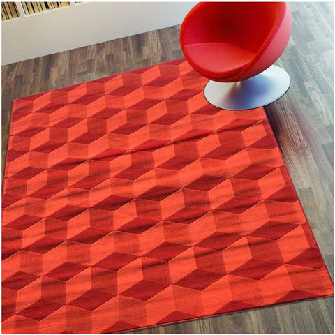 Tapis de Salon Rouge design cubiques CUBIKA