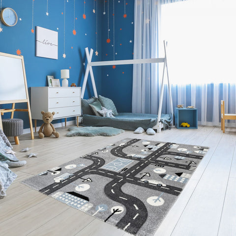 Tapis de chambre enfant gris CITY ROAD