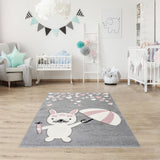 Tapis de chambre enfant rose gris motif LAPIN