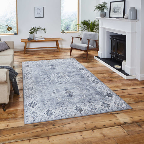 Tapis Gris argenté traditionnel kilim pour salon et couloir TOPAZ