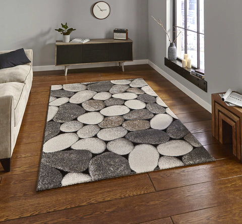 Tapis Gris imprimé galets intérieur poils ras WOODLAND