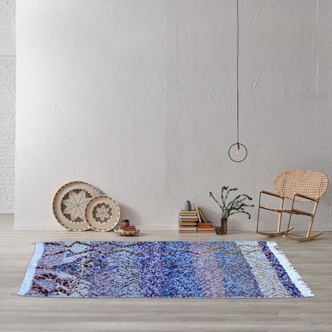 Tapis Berbère Bleu en laine originaire du Maroc AZILAL